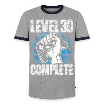 Level 30 Complete Geburtstagsgeschenk 30 Jahre - Männer Kontrast-T-Shirt - Grau/Navy  - Vorne - AI Model Female 172 light (172cm) & AI Model Male 178 light (178cm)