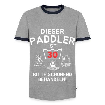 This paddler is 30. - Men's Ringer Shirt - grey/navy  - Front - AI Model Female 172 light (172cm) & AI Model Male 178 light (178cm)