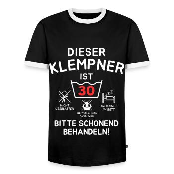 This plumber is 30. - Men's Ringer Shirt - black/white - Front - AI Model Female 172 light (172cm) & AI Model Male 178 light (178cm)