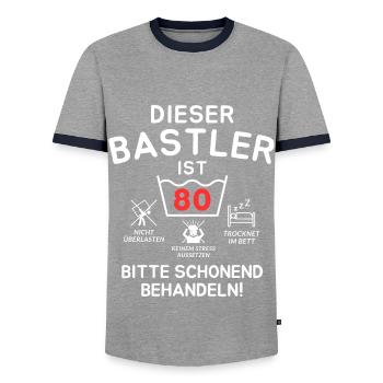 This hobbyist is 80. - Men's Ringer Shirt - grey/navy  - Front - AI Model Female 172 light (172cm) & AI Model Male 178 light (178cm)