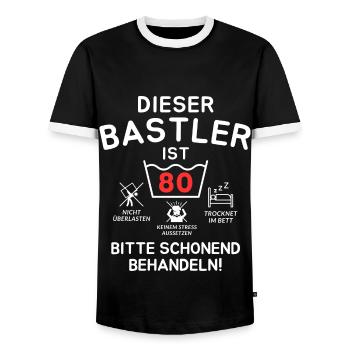 This hobbyist is 80. - Men's Ringer Shirt - black/white - Front - AI Model Female 172 light (172cm) & AI Model Male 178 light (178cm)