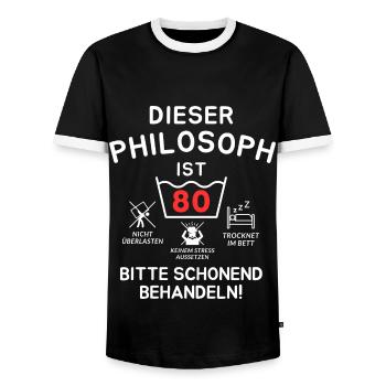 This philosopher is 80. - Men's Ringer Shirt - black/white - Front - AI Model Female 172 light (172cm) & AI Model Male 178 light (178cm)