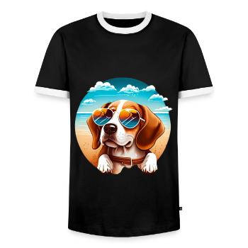 Beagle mit Sonnenbrille am Strand - Männer Kontrast-T-Shirt - Schwarz/Weiß - Vorne - AI Model Female 172 light (172cm) & AI Model Male 178 light (178cm)