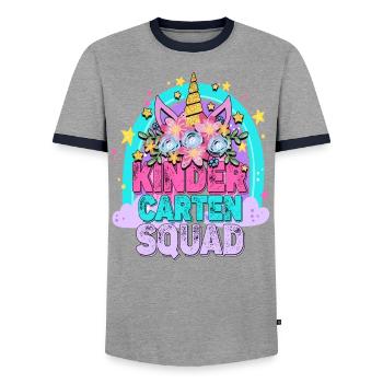Kinder Carten Squad - Men's Ringer Shirt - grey/navy  - Front - AI Model Female 172 light (172cm) & AI Model Male 178 light (178cm)