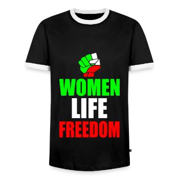 Women life freedom iran - Men's Ringer Shirt - black/white - Front - AI Model Female 172 light (172cm) & AI Model Male 178 light (178cm)