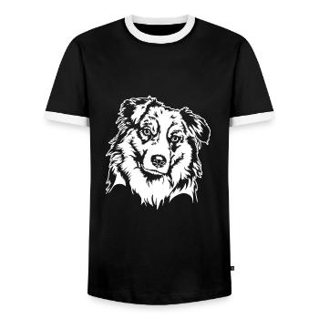 AUSTRALIAN SHEPHERD Dogs Portrait Dog Wilsigns - Men's Ringer Shirt - black/white - Front - AI Model Female 172 light (172cm) & AI Model Male 178 light (178cm)