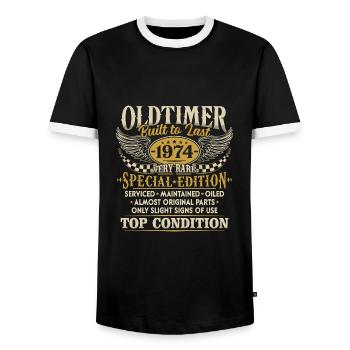 Vintage 1974 Vintage Born Birthday Gift - Men's Ringer Shirt - black/white - Front - AI Model Female 172 light (172cm) & AI Model Male 178 light (178cm)