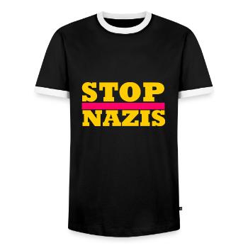 Stop Nazis - Men's Ringer Shirt - black/white - Front - AI Model Female 172 light (172cm) & AI Model Male 178 light (178cm)