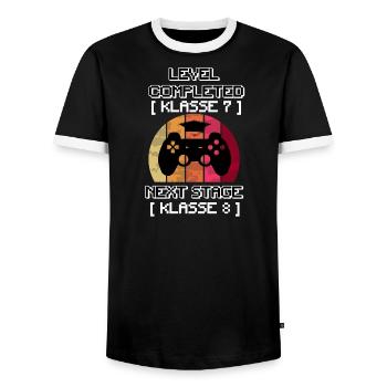 LEVEL COMPLETED KLASSE 7 auf 8 Next LvL der Schule - Männer Kontrast-T-Shirt - Schwarz/Weiß - Vorne - AI Model Female 172 light (172cm) & AI Model Male 178 light (178cm)