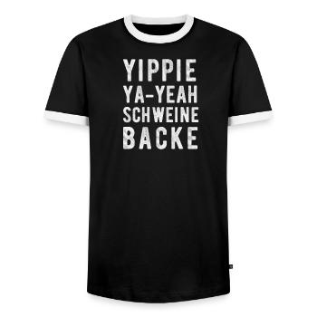 YIPPI YA YEAH SCHWEINEBACKE! Legendärer Spruch - Männer Kontrast-T-Shirt - Schwarz/Weiß - Vorne - AI Model Female 172 light (172cm) & AI Model Male 178 light (178cm)