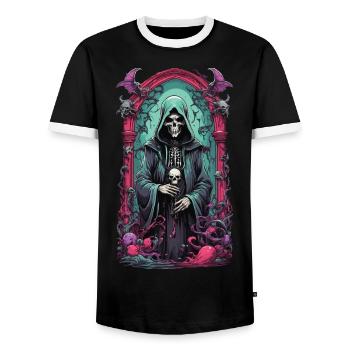 Grim Reaper Skeleton Mage Gothic Artwork - Men's Ringer Shirt - black/white - Front - AI Model Female 172 light (172cm) & AI Model Male 178 light (178cm)
