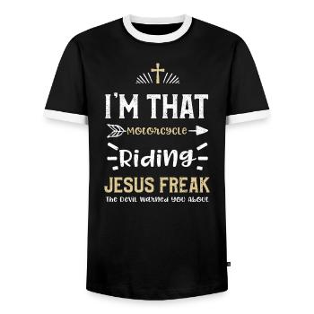 I'm That Motorcycle Riding Jesus... - Men's Ringer Shirt - black/white - Front - AI Model Female 172 light (172cm) & AI Model Male 178 light (178cm)