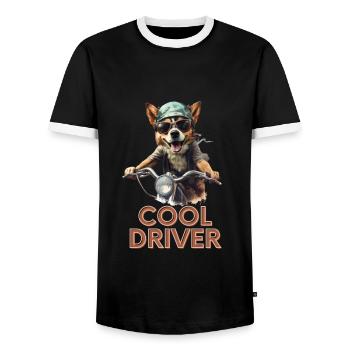 Motard Corgi « Highway Hero » - T-shirt contrasté Homme - noir/blanc - Devant - AI Model Female 172 light (172cm) & AI Model Male 178 light (178cm)