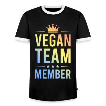 Vegan Team Bunt - Männer Kontrast-T-Shirt - Schwarz/Weiß - Vorne - AI Model Female 172 light (172cm) & AI Model Male 178 light (178cm)