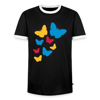 many colorful butterflies pattern silhouette insek - Men's Ringer Shirt - black/white - Front - AI Model Female 172 light (172cm) & AI Model Male 178 light (178cm)