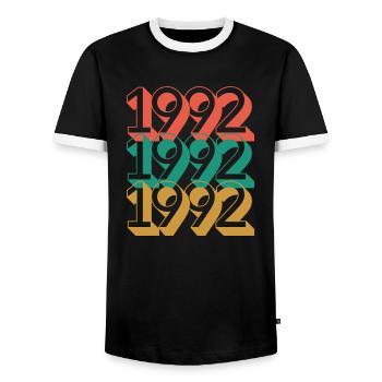 Birthday year 1992 / Vintage 1992 - Men's Ringer Shirt - black/white - Front - AI Model Female 172 light (172cm) & AI Model Male 178 light (178cm)