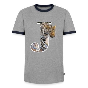 J Jaguar alphabet animals - Men's Ringer Shirt - grey/navy  - Front - AI Model Female 172 light (172cm) & AI Model Male 178 light (178cm)