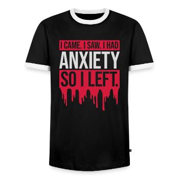 I had anxiety saying - Men's Ringer Shirt - black/white - Front - AI Model Female 172 light (172cm) & AI Model Male 178 light (178cm)