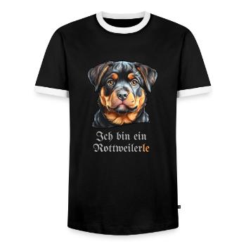 Dog portrait with funny saying -Rottweilerle - Men's Ringer Shirt - black/white - Front - AI Model Female 172 light (172cm) & AI Model Male 178 light (178cm)