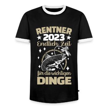 Rentner 2023 - Endlich Zeit zum Angeln - Männer Kontrast-T-Shirt - Schwarz/Weiß - Vorne - AI Model Female 172 light (172cm) & AI Model Male 178 light (178cm)