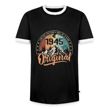 Original 1945 Retro Birthday Gift Born in 1945 - Men's Ringer Shirt - black/white - Front - AI Model Female 172 light (172cm) & AI Model Male 178 light (178cm)