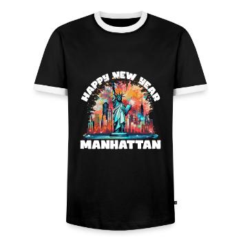 Happy New Year with fireworks in New York - Men's Ringer Shirt - black/white - Front - AI Model Female 172 light (172cm) & AI Model Male 178 light (178cm)