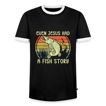 Fishing Angler Fishing Even Jesus Had A Fish Story - Men's Ringer Shirt - black/white - Front - AI Model Female 172 light (172cm) & AI Model Male 178 light (178cm)