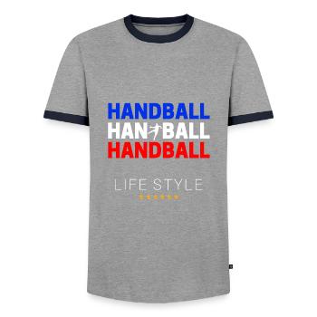 HANDBALL Life Style Blau Weiß Rot - Männer Kontrast-T-Shirt - Grau/Navy  - Vorne - AI Model Female 172 light (172cm) & AI Model Male 178 light (178cm)