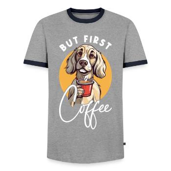 Le café mais le premier animal de chien de café dit drôle - T-shirt contrasté Homme - gris/marine  - Devant - AI Model Female 172 light (172cm) & AI Model Male 178 light (178cm)