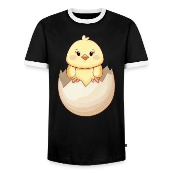 Cute kawaii chick, hatching from eggshell - Men's Ringer Shirt - black/white - Front - AI Model Female 172 light (172cm) & AI Model Male 178 light (178cm)