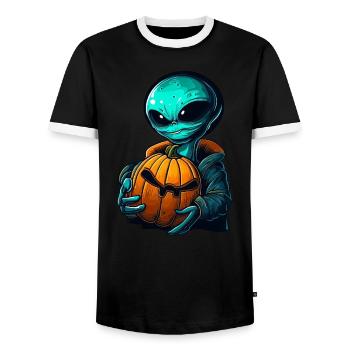 Alien Pumpkin: Halloween Aliens - Men's Ringer Shirt - black/white - Front - AI Model Female 172 light (172cm) & AI Model Male 178 light (178cm)