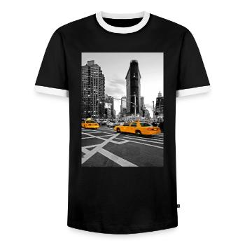 NYC Yellow Cabs Flat Iron Building - Men's Ringer Shirt - black/white - Front - AI Model Female 172 light (172cm) & AI Model Male 178 light (178cm)