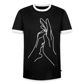 A human hand and a dog or cats - Men's Ringer Shirt - black/white - Front - AI Model Female 172 light (172cm) & AI Model Male 178 light (178cm)