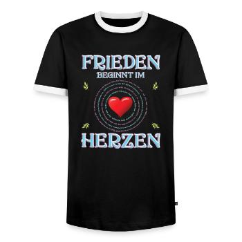 Frieden beginnt im Herzen (in 100 Sprachen) - Männer Kontrast-T-Shirt - Schwarz/Weiß - Vorne - AI Model Female 172 light (172cm) & AI Model Male 178 light (178cm)