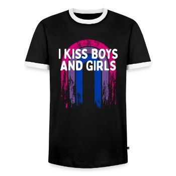 I Kiss Boys and Girls Bisexual Dating Bi Flirting - Men's Ringer Shirt - black/white - Front - AI Model Female 172 light (172cm) & AI Model Male 178 light (178cm)