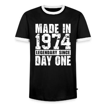 Hergestellt 1974, legendär seit dem ersten Tag - Männer Kontrast-T-Shirt - Schwarz/Weiß - Vorne - AI Model Female 172 light (172cm) & AI Model Male 178 light (178cm)