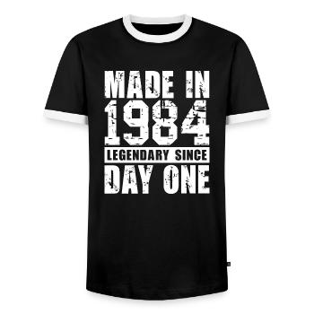 Hergestellt 1984, legendär seit dem ersten Tag - Männer Kontrast-T-Shirt - Schwarz/Weiß - Vorne - AI Model Female 172 light (172cm) & AI Model Male 178 light (178cm)