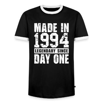 Hergestellt 1994, legendär seit dem ersten Tag - Männer Kontrast-T-Shirt - Schwarz/Weiß - Vorne - AI Model Female 172 light (172cm) & AI Model Male 178 light (178cm)