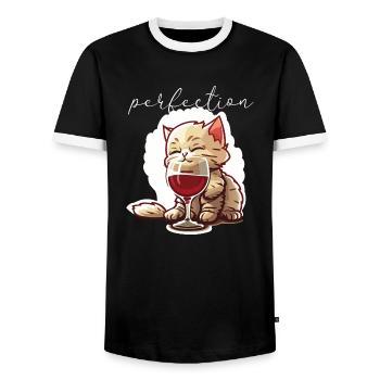 Niedliche Katze mit Wein - Männer Kontrast-T-Shirt - Schwarz/Weiß - Vorne - AI Model Female 172 light (172cm) & AI Model Male 178 light (178cm)