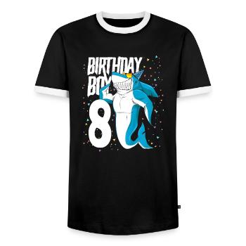 8 year old Boys Shark Birthday Gift - Men's Ringer Shirt - black/white - Front - AI Model Female 172 light (172cm) & AI Model Male 178 light (178cm)