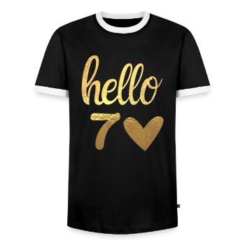 Hello 70 gold - Men's Ringer Shirt - black/white - Front - AI Model Female 172 light (172cm) & AI Model Male 178 light (178cm)