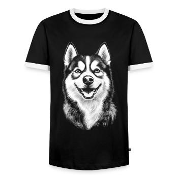 Siberian Husky Portrait Dog Dogs - Men's Ringer Shirt - black/white - Front - AI Model Female 172 light (172cm) & AI Model Male 178 light (178cm)