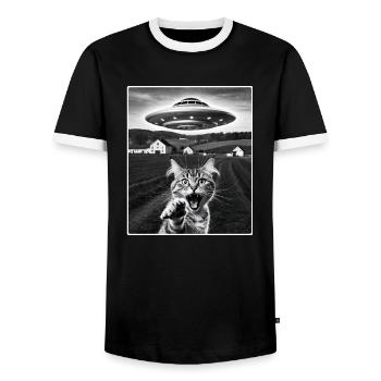 Selfie de chat avec OVNI extraterrestre Cadeaux de chat drôles - T-shirt contrasté Homme - noir/blanc - Devant - AI Model Female 172 light (172cm) & AI Model Male 178 light (178cm)
