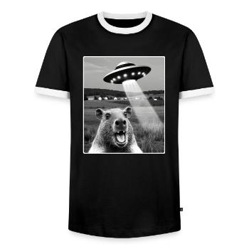 capybara Selfie With Alien UFO Funny capybara Gift - Men's Ringer Shirt - black/white - Front - AI Model Female 172 light (172cm) & AI Model Male 178 light (178cm)