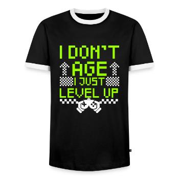 Gamer Shirt I don't age I just Level up Gaming - Men's Ringer Shirt - black/white - Front - AI Model Female 172 light (172cm) & AI Model Male 178 light (178cm)