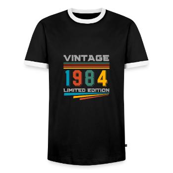 Vintage 1984 limited edition - Men's Ringer Shirt - black/white - Front - AI Model Female 172 light (172cm) & AI Model Male 178 light (178cm)