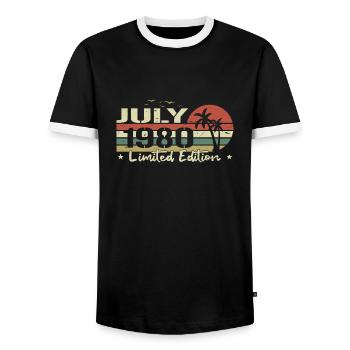 July 44th Anniversary Vintage Born 1980 Vibe - Men's Ringer Shirt - black/white - Front - AI Model Female 172 light (172cm) & AI Model Male 178 light (178cm)