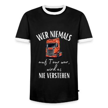 Chauffeur de camion - Si vous n’avez jamais été en tournée, vous ne le ferez jamais... - T-shirt contrasté Homme - noir/blanc - Devant - AI Model Female 172 light (172cm) & AI Model Male 178 light (178cm)