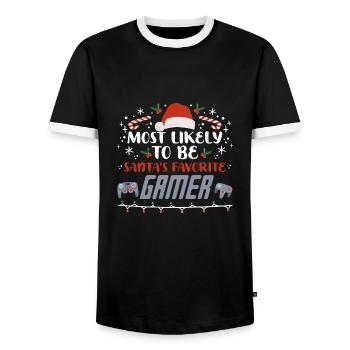 Christmas Xmas Gaming Santa's Favorite Gamer - Men's Ringer Shirt - black/white - Front - AI Model Female 172 light (172cm) & AI Model Male 178 light (178cm)