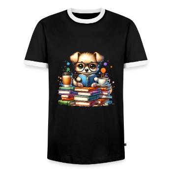 Reading is my hobby: Cute puppy with glasses - Men's Ringer Shirt - black/white - Front - AI Model Female 172 light (172cm) & AI Model Male 178 light (178cm)